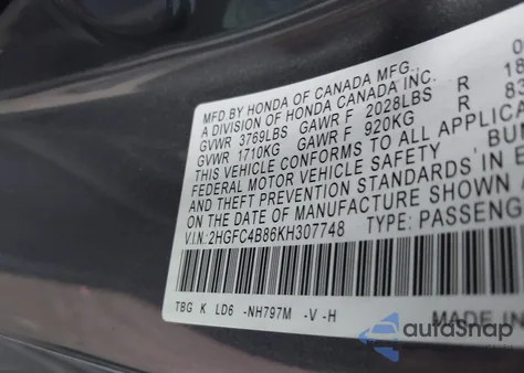 2019 Honda Civic Sport из США, поврежденный, VIN 2HGFC4B86KH307748